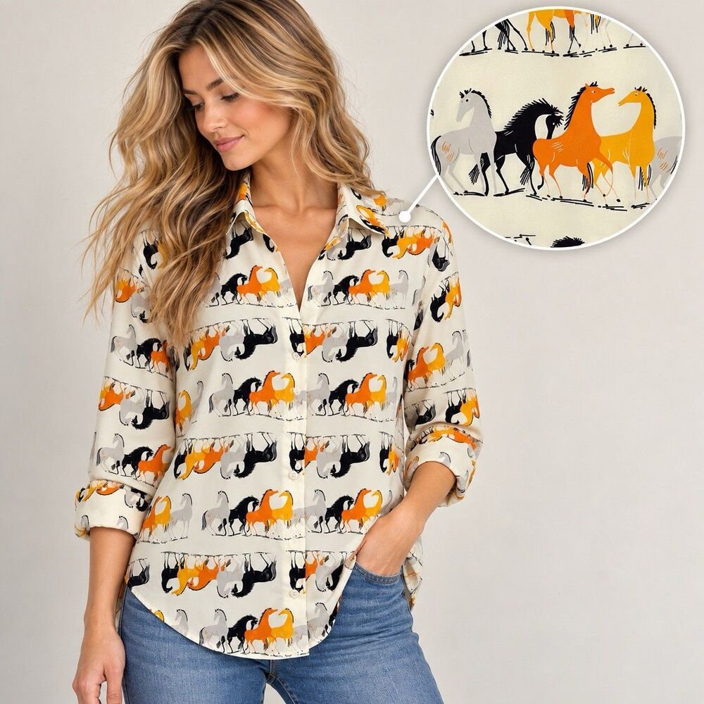 Taelynn Womens L Horse Print Blouse Button Down Shirt Equestrian Novelty